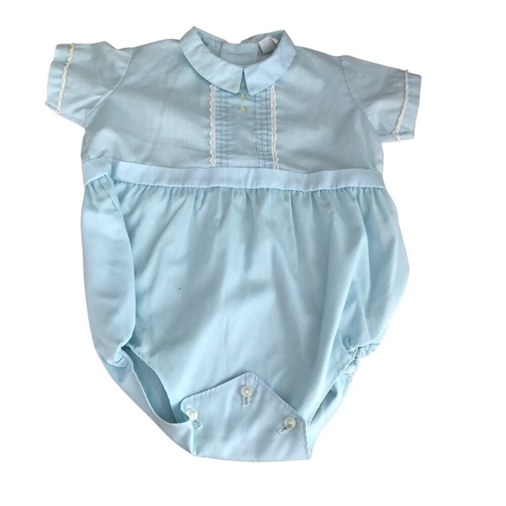 Vintage 60s Fawn Togs Bubble Romper Boys 6 - 12M Blue White Peter Pan Collar NEW